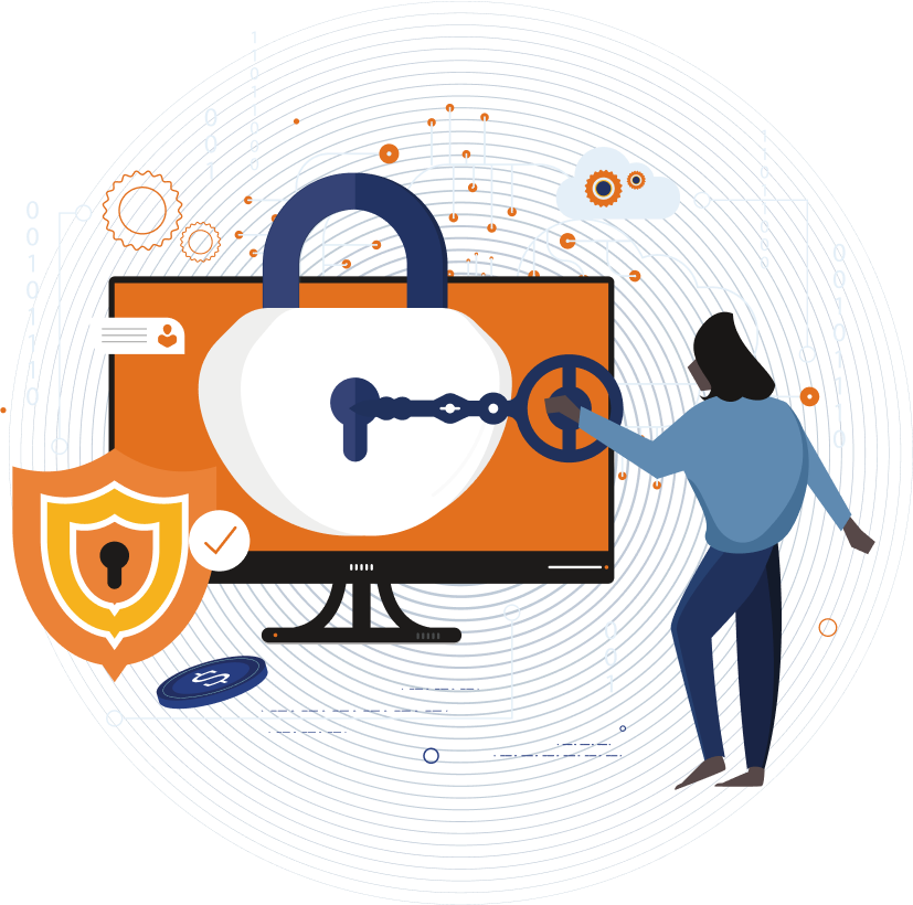 Animated image depicting an African woman using a key on a monitor to illustrate advanced security measures.